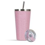 SOLARA Tumbler with lid and Straw 475ml, Double Wall Insulated Stainless Steel Coffee Tumbler, Travel Mug with Lid, Hot and Cold Coffee Mug with lid for Office, Home and Travel - Pink Leopard