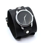 Matte black - minimalist handmade leather cuff wrist watch with void full black dial double buckled styel