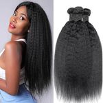 12A Kinky-Straight Bundles Human Hair extension 3 Bundle 16 18 20 Inch 100% Human Hair Bundles.Yaki Human Hair Unprocessed Human Hair Extensions Natural Black.
