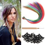 Kootinn Hair Feathers Extension Kit - 13 Colors Mixed Colors Colored Synthetic Feather Hair Extensions Kit (Not Real Feather) with 100 Pcs Silicon Micro Link Beads 1 Crochet Hook Tools Kit (17 Inch)