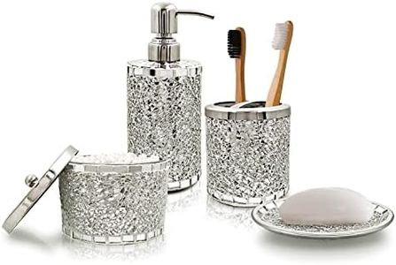 LushAccents Bathroom Accessories Set, 4-Piece Decorative Glass Bathroom Accessories Set, Soap Dispenser, Soap Tray, Jar, Toothbrush Holder, Elegant Silver Mosaic Glass