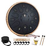 HOPWELL Steel Tongue Drum - 15 Note 12 Inch Tongue Drums - Percussion Instruments - Hand Pan Drum with Music Book, Drum Mallets and Carry Bag, D Major, Black