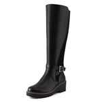 PODAIK Women's Knee High Boots Platform Tall Boots Round Toe Comfortable Chunky Heel Side Zip Boots for Women with Fashion Buckles, Black Pu Weave, 8