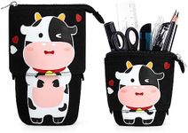 Cute Standing Pencil Case for Kids, Pop Up Pencil Box Makeup Pouch, Christmas Gift Kids Canvas Pen Holder Organizer Cosmetics Bag, Kawaii Stationary (Baby Cow)