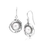 925 Sterling Silver Dangle Earrings With Fresh Water Round Button Pearl, Oxidized, Stylish, Hypoallergenic, Nickel and Lead-free, Artisan Handcrafted Designer Collection, Made in Israel, Pearl, French Wire Back