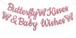 Butterfly Kisses & Baby Wishes Banner, Butterfly Baby Shower Decorations, Butterfly Themed Baby Shower Gender Reveal Party Decorations for Girl/Boy, Rose Gold Glitter