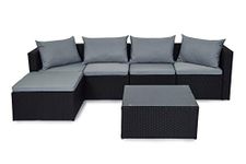 EVRE Miami Black Outdoor Rattan Garden Furniture Set for Patio Conservatories with 5 seat Modular Sofa Glass Top Coffee Table Foot Stool Cushions and Fade Resistance