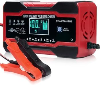 10-Amp Car Battery Charger, 12V/24V Smart Fully Automatic Battery Maintainer Charger with 7-Stage Charging and LCD Screen, Pulse Repair for Lead Acid, AGM, GEL, SLA, WET Batteries