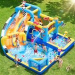GYMMALL 12-in-1 Bouncy Castle, Racing-Themed Bouncy House with 750W Blower, Double Slides, Trampoline, Football Area & Splash Pool for Kids – Ideal for Indoor & Outdoor Use