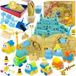 Play Construction Sand Kit - 3lbs Sand with 2 Colors, 6 Mini Construction Trucks, Construction Toys and Signs, Animal Mold, Modeling Tools, Foldable Sandbox with Clean Set Gifts for Boys Girls