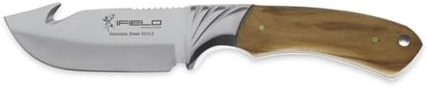 iFIELD Cuchillo desollador Camper EL29010, Longitud 22,5 cms, Hoja 10,5 cm, Grosor 3,8 mm, Mango de Olivo, Incluye Funda de Piel marrón, Herramienta de Camping para Pesca, Caza, Actividad Deportiva