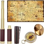 Pirate Spyglass Telescope Treasure Map Pocket Compass Kids Toys Set, Handheld Collapsible 25x30 Zoomable Monocular Polyester Fabric Huge Map & Golden Compass Boys Gift for Pirate Lovers