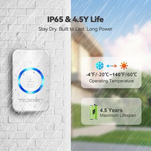 TECKNET Wireless Doorbell Kit – Twin Plug-In Chimes, 400m Range, 60 Tones, IP65 Waterproof