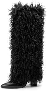 Knee High Boots Women Fold Over Boots Slouchy Tall Boots,Black Fur,11