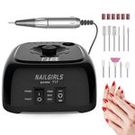 NAILGIRLS Electric Nail Drill Professional, 35000RPM Electric Nail File Machine with 11 Drill Bits 6 Sanding Bands Portable Nail Drill for Gel Nails Acrylic Natural Manicure Tools, Black