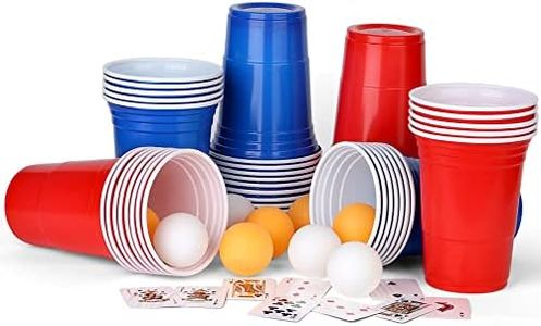 AEIWUMOK Beer Pong Cups (50 Beer Pong Cups 10 Balls) Beer Pong Cup Set, 480 ml Beer Pong Cups with Balls, Party Cups 25 Red and 25 Blue 16.23 oz, Reusable Cups for Party Drinking Games - Large