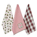 DII Vintage Christmas Tea Towels Decorative Holiday Kitchen Dish Towel Set, 18x28, Holly Jolly Sprigs & Red Stripe, 3 Piece