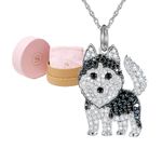 SCAMPER & CO Siberian Husky Pendant Necklace for Women - Genuine Gemstone and Cubic Zirconia Puppy Charm with Elegant Backplate, Premium Plated Sterling Silver Chain Easy Closure,18 inch