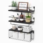 Bathroom Shelves with Wire Storage Basket, Wood Wall Mounted Floating Shelves Over Toilet Paper Holder with Towel Bar, Wall Shelves for Bedroom, Living Room, Kitchen and Bathroom