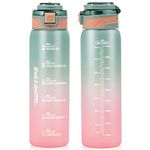 SEASEVEN Sports Water Bottle 1L,Plastic Drinks Bottle,1 Litre Water Bottles with Time Markings,Girls Boys Waterbottle Leak-Proof & Bpa-Free for Gym,School, Office, Outdoor(Cyan-Pink)