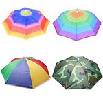 Umbrella hat 4 Pack for Kids Adults Outdoor 20" Multicolor Head Umbrella Cap Rainbow Fishing Hats and Folding Waterproof Hands Free Party Beach Headwear