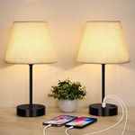 LIANTRAL Bedside Table Lamp with USB Ports, Set of 2 Small Nightstand Desk Lamps with Linen Fabric Shades and Black Metal Frame, Modern Lamp for Bedroom, Living Room, Office