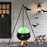 Hourleey Witches Cauldron on Tripod, Halloween Decoration Black Bowl Witches Cauldron with Green Lights, Hocus Pocus Candy Bucket for Home Porch Yard Indoor Outdoor Halloween Decor