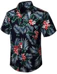 HISDERN Men Funky Hawaiian Floral Leaf Shirts Short Sleeve Front Pocket Holiday Summer Aloha Printed Beach Casual Navy Blue Pink Hawaii Flower Shirt XL