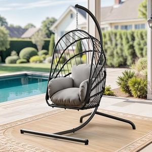 YITAHOME Wicker Swing Egg Chair with Cushions 350lbs, Foldable Hanging Basket Chair W/Stand Rattan Hammock Chair for Outdoor, Indoor, Patio, Bedroom - Grey