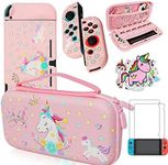 Pink Unicorn Carrying Case Compatible with Nintendo Switch with Dockable Protective Grip Case + Screen Protector + Unicorn Stickers, Hard Storage Case Accessories Kit for Girls Birthday