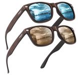 JFXQDR 2 Pack Imitation Wood Polarized Sunglasses for Men and Women, Retro Bamboo Square Sun Glasses UV400 protection RFS8203 ﻿ (Brown Frame Blue Lens + Brown Frame Brown Lens)