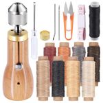 Swpeet 16Pcs Portable Leather Sewing Awl Kit Including Handheld Sewing Repair Awl, 9 Rolls Waxed Threads with Small Screwdriver, Straight and Bent Needles Measuring Tape Scissors Thimble for DIY Craft