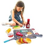 Coo11 Kids Pretent Play Wooden Family Barbecue Set with 25 Pieces, Includes 1 Beef Patty, 1 Hamburger Bun, 1 Hot Dog, 1 Chicken Leg, 1 Fish, Tomatoes & Mushroom and many more for 3 Years and up