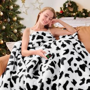 Cow Print Heated Electric Blanket Throw,50X60 Black Heating Blanket with 10 Heats Levels & 8 Hours Auto Off,Cute Cow Decor Stuff Soft Fleece Sherpa Blankets Warmer Gifts for Women Washable,ETL