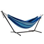 Vivere Double Cotton Hammock with Space Saving Steel Stand, Upgraded Polyester End Strings 450 lb Capacity - Premium Carry Bag Included - USA Grown Cotton (Island Breeze)
