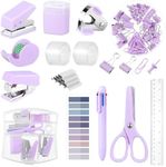 Mini Office Supplies, Purple School Supplies with Sticky Notes,Mini Stapler,Tape Dispenser,Hole Punch,Staple Remover,Staples,Clips,Scissor,Pen (Purple)