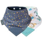 Cheeky Chompers Baby Bibs with Teether | 2 months+ Teething Bibs, Toddler Bibs | Reversible Dribble Bib & Baby Teether | Multi-Award Winning Neckerchew (Stars & Animals, 2 Pack)