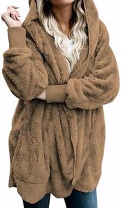 Women Hooded Cardigan Fuzzy Jacket Winter Open Front Fleece Coat Outwear with Pockets Brown L