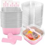 NPLUX 50 Pack Mini Cake Pans with Lids and Spoons Aluminum Foil Pans Square Cupcake Liners Brownie Baking Cups Disposable Ramekins Holders (Pink,10 oz)