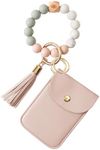 VIQWYIC Wristlet Bracelet Keychain with Wallet for Women, Silicone Beaded Keychain Bangle Car Key Rings (Pink)