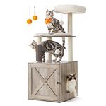 Feandrea Cat Tree with Litter Box Enclosure, 2-in-1 Modern Cat Tower for Indoor Cats, 52.8-Inch Cat Condo with Self Groomer, Scratching Posts, Washable Cushions, Greige UPCT115G01