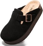 Vayfio Women's Suede Clogs Cork Footbed Sandals Comfort Platform Mules with Arch Support Adjustable Buckle Slip On Slippers Black US 10