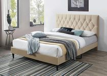 4ft6 Double Bed Frame, Upholstered Platform Bed with Adjustable Tufted Headboard, Noise-Free Chesterfield Design, Velvet Fabric, Sturdy Wood Slats Support and Under-Bed Storage, Beige Double Bed