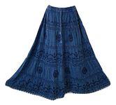 Doorwaytofashion Cotton and Lace Embroidered Peasant Gypsy Boho Casual Festival Summer Skirt UK One Size 10 12 14 16 18 20 (Denim Blue)