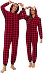 Ekouaer Christmas Matching Onesie for Couples Elk Antler Hooded Zipper Long Sleeve Pajamas with Pockets Red Plaid S