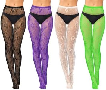 Jiuguva 4 Pack Women Lace Tights Patterned Tights Fishnet Stockings Floral Pantyhose Stockings Rose Flower Halloween Costume, Black, White, Purple, Green, One Size