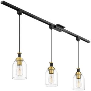 zeyu 3-Light H-Type Track Lighting Pendants, Modern Track Lighting Fixtures, Hanging Track Lighting for Kitchen Island, Clear Glass Shade, Black and Gold Finish, ZG33TP-3 BK+BG