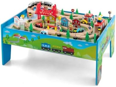 GOPLUS Table Circuit de Train Enfant, Rail de Train Bois 80 Pcs avec Rails, Jouet d'Activités pour Garçons et Filles 3 Ans+, Acessoire Complets Vert