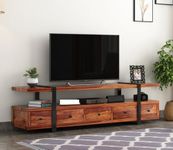 MetalTree Rustic Sheesham Wood & Metal TV Unit with 5 Drawers, 1 Shelf, and Storage for up to 70-Inch TV – Perfect for Living Room (George, Honey Finish)
