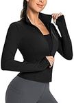 BALEAF Women's Running Jacket Full Zip Gym Tops Long Sleeve Sports Yoga Running Activewear with Thumb Holes Black M